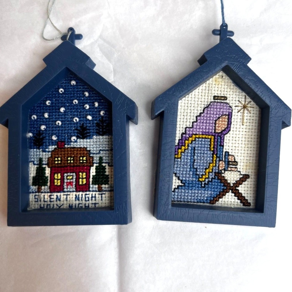 Embroidered Needlework House Shaped Ornaments Set of 2 VTG Christmas Holiday